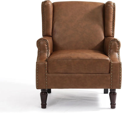 PU Leather High Back Accent Chair, Retro Wingback Armchair with Nail Trim, Solid Wood Legs - Brown