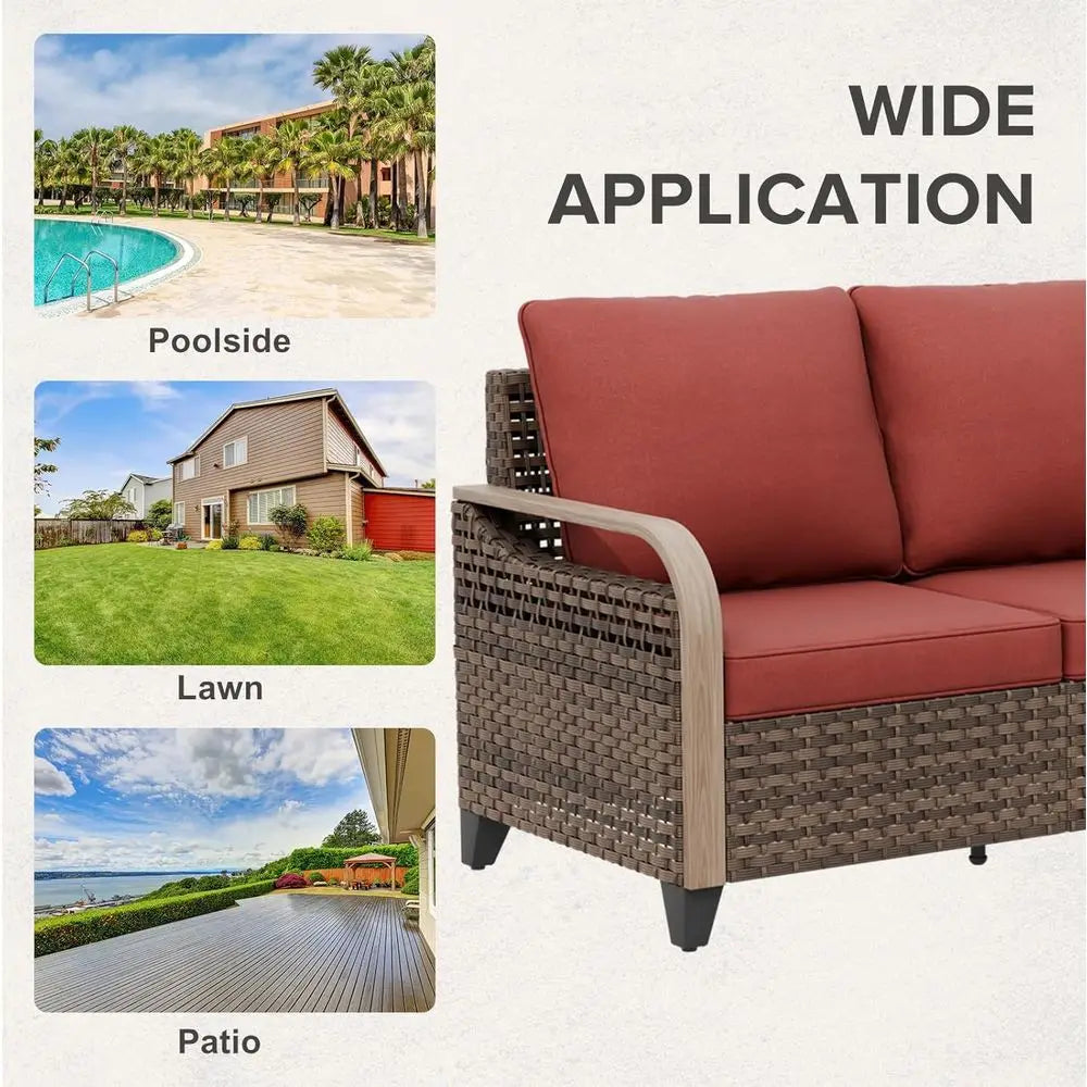 2 Seat Outdoor Sofa with Cushions, Patio Garden Furniture, Deck Backyard, 500 lbs Capacity, Brown/Red