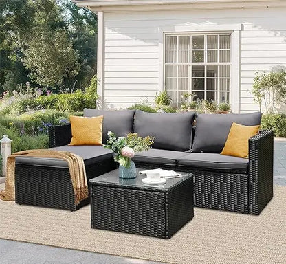 Patio Furniture Set 3 Piece Outdoor Sectional Patio Sofa, All-Weather Wicker Rattan Outdoor Furniture Set with Glass Table and