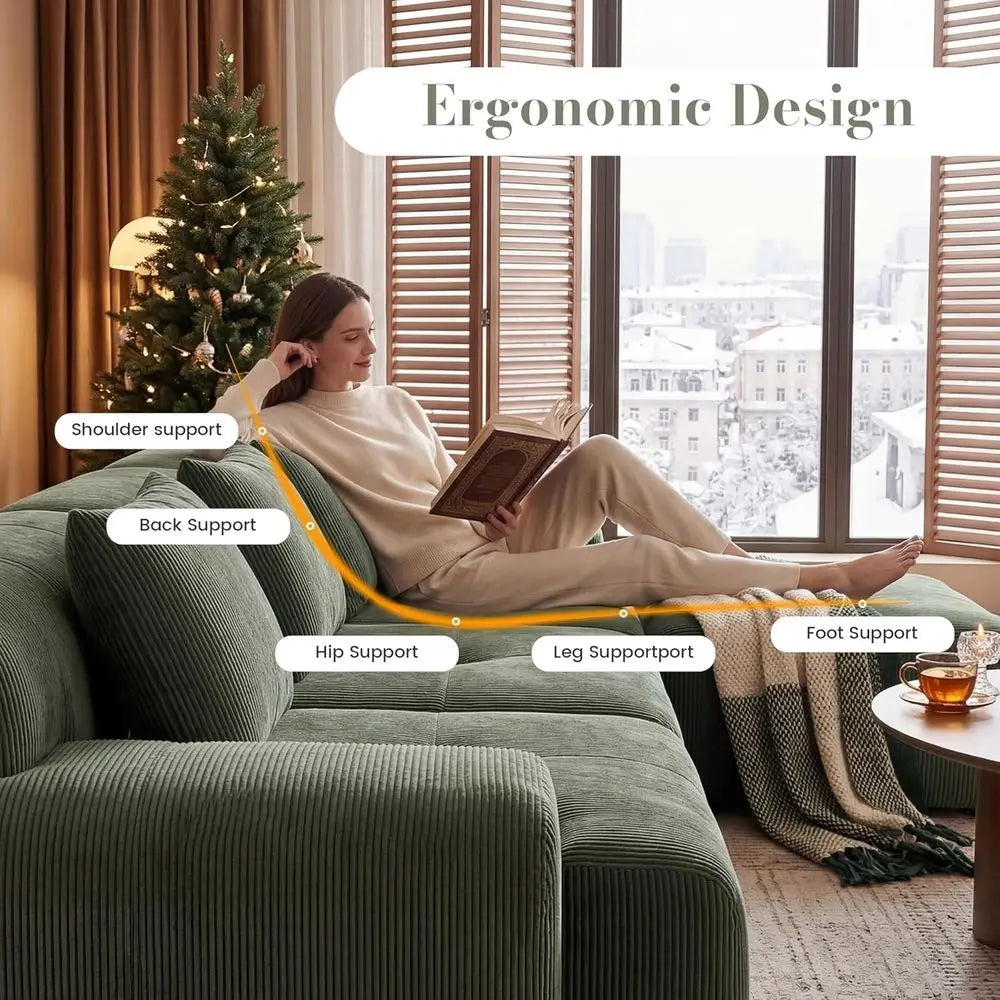 Green Oversized L-Shape Sectional Sofa with Deep Seat, Ottoman, and 3 Pillows