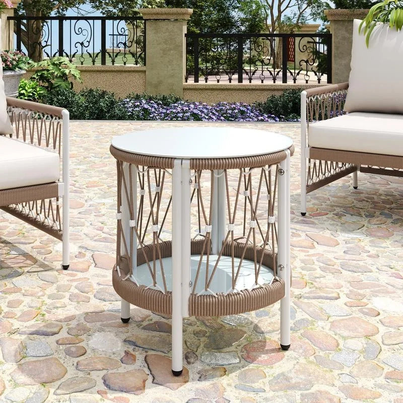 Bohemian Outdoor Furniture Set, 3-Piece with 2 Lounge Chairs & Glass Table, Handwoven Rope & Powder-Coated Steel Frame,