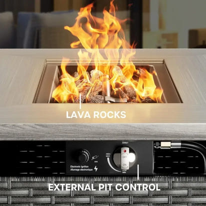 Patio Conversation Set with Fire Pit Table, Grey Resin Wicker Swivel Patio Chairs with Sofa Ottomans Side Table and Fire Table