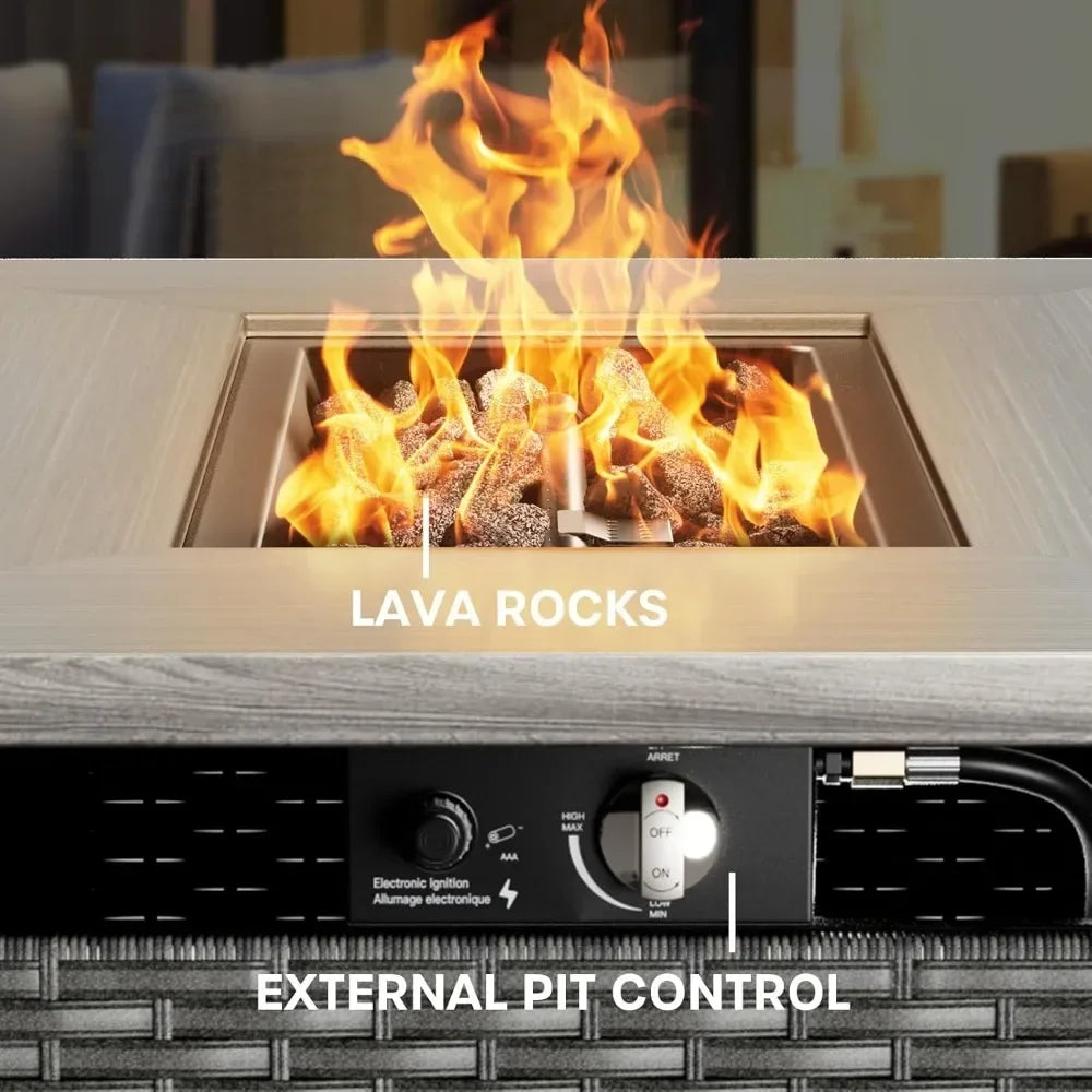 Patio Conversation Set with Fire Pit Table, Grey Resin Wicker Swivel Patio Chairs with Sofa Ottomans Side Table and Fire Table