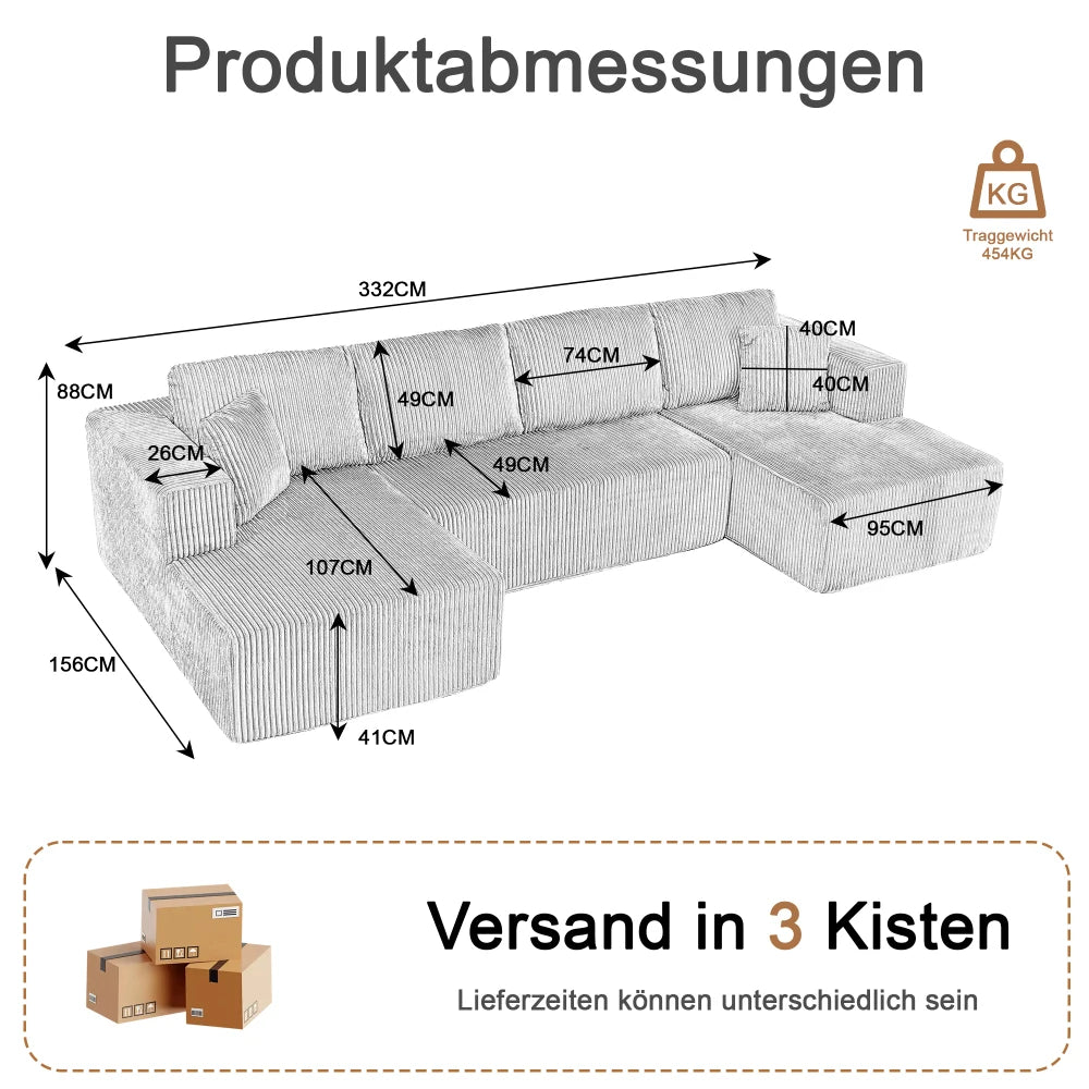 Living Room Boneless Modular Sofa, Corduroy Fabric, Modern U-shaped Leisure Sofa, High-density Sponge, No Assembly, for Home