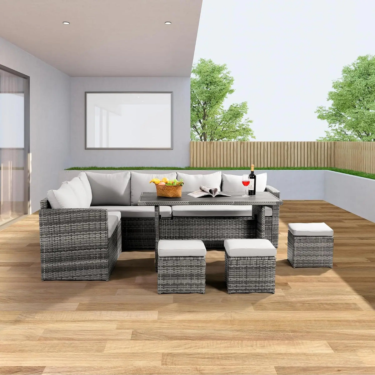 Patio Furniture Set, 7 Pieces Outdoor Patio Furniture with Dining , All Weather Wicker Conversation Set with Ottoman,