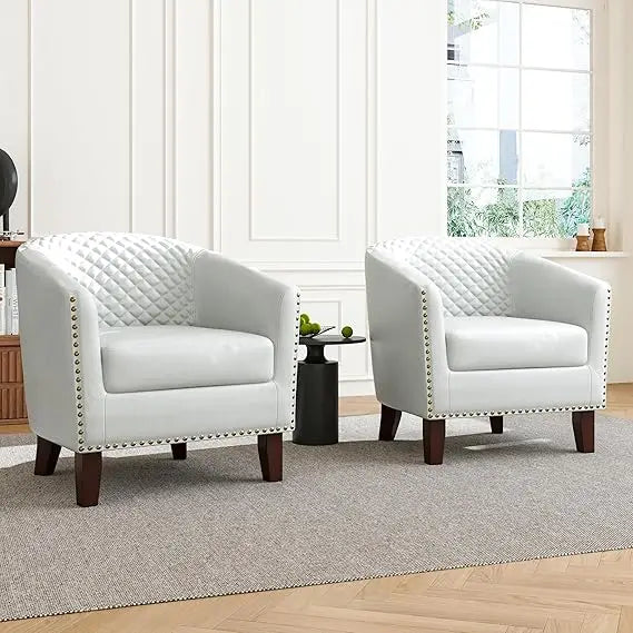 Swivel Barrel Accent Chairs, Comfortable Modern Upholstered Round Faux Leather Armchairs for Living Room and Bedroom, Beige, Set