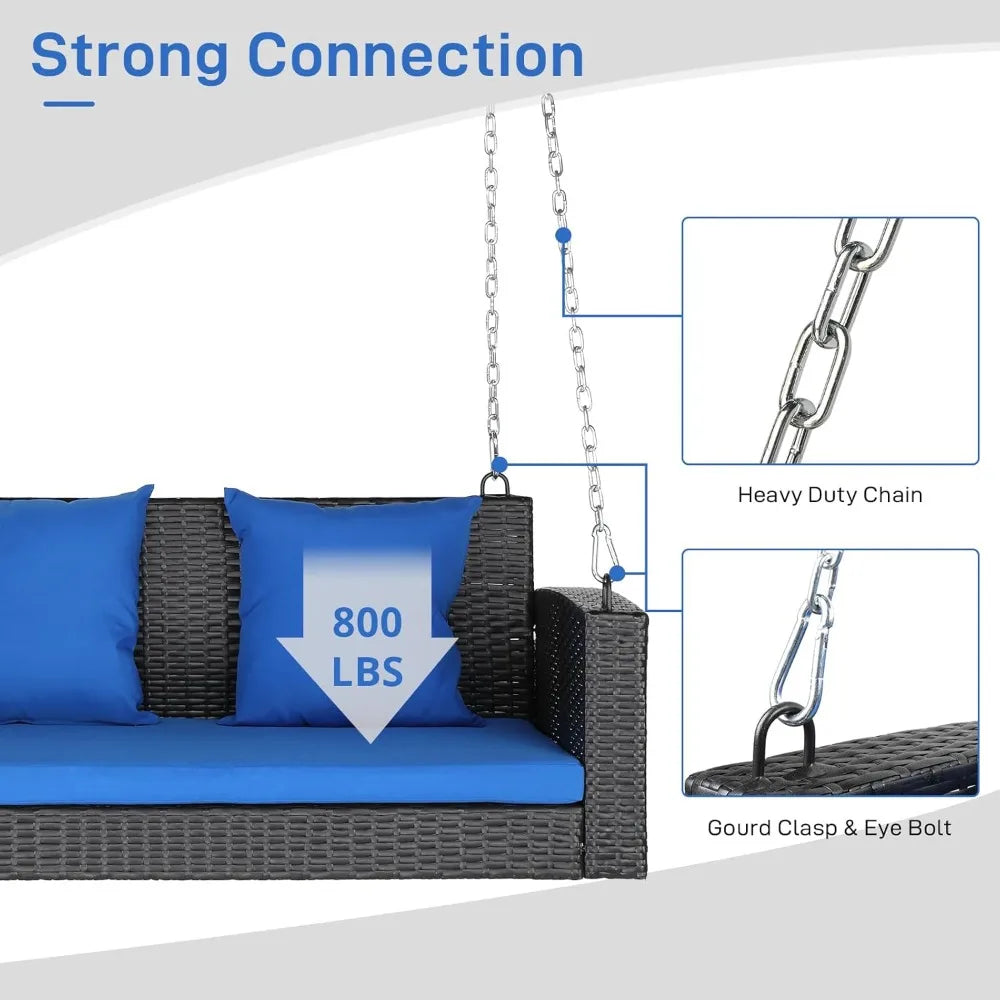 Porch Swing 2 Person Hanging Bench, Wicker Outdoor Swing Bench with Cushion and Pillow for Patio, Yard, Garden Hold Up to 800 l