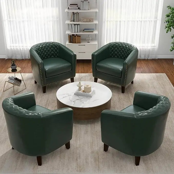 Faux Leather Barrel Accent Chairs Set of 4, Modern Club Arm Chair Comfy Upholstered Single Sofa Chair, Beige