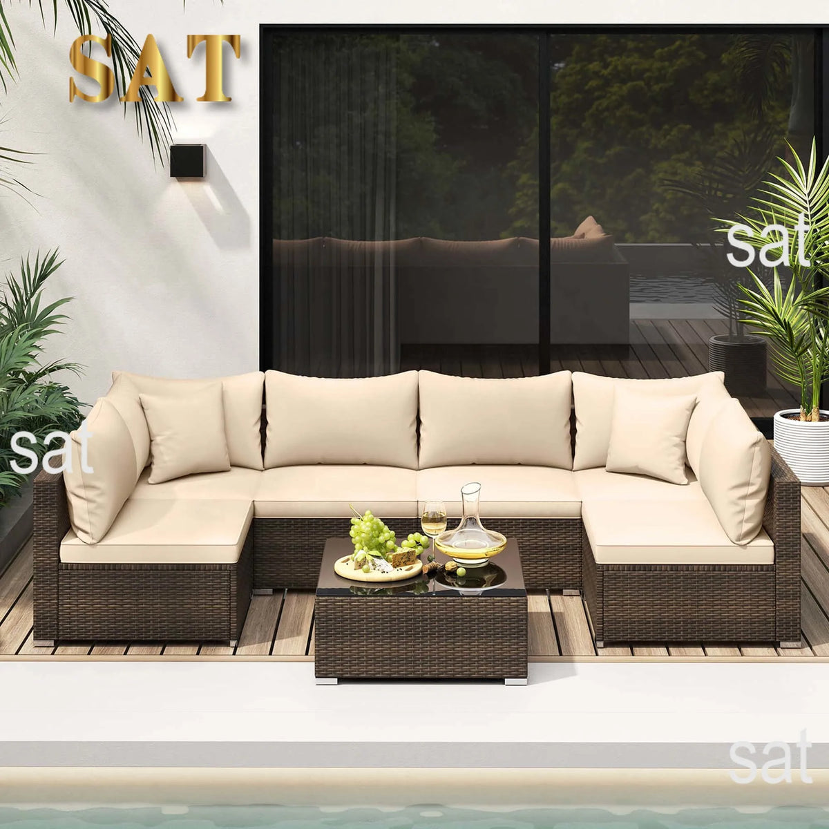 7 PCS Patio Rattan Furniture Set Sectional Sofa Cushioned Garden Brown