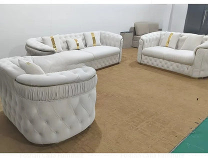 Factory direct sales European luxury rose gold legs white chesterfield sofa velvet fabric button tufted living room sofa