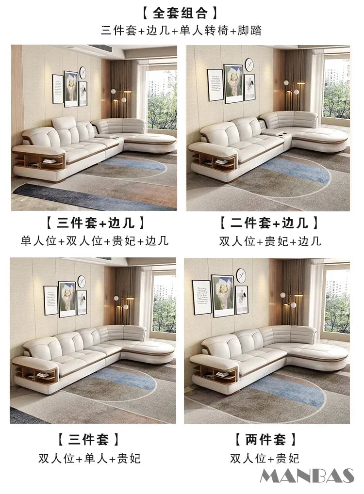 Luxury L-Shaped Genuine Leather Sectional Sofa Sets with USB, Bluetooth Speaker - MANBAS Living Room Italian Leather Couches