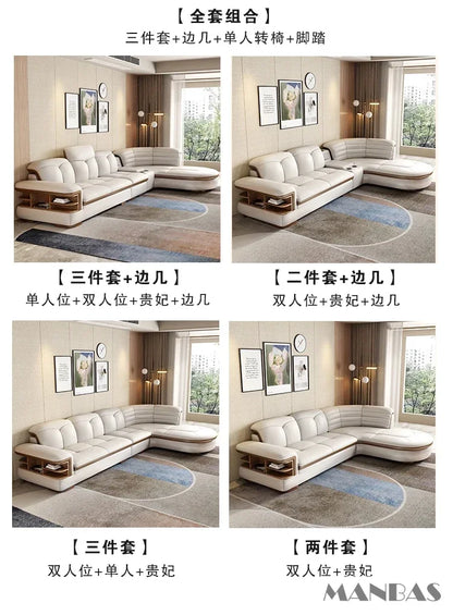 Luxury L-Shaped Genuine Leather Sectional Sofa Sets with USB, Bluetooth Speaker - MANBAS Living Room Italian Leather Couches