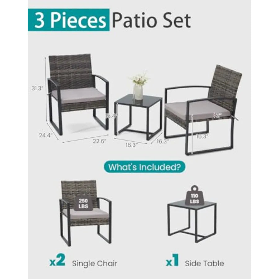 3Piece Outdoor Rattan Bistro Set with Coffee Table for Garden Balcony Poolside and Backyard Featuring Durable Steel Frame and C