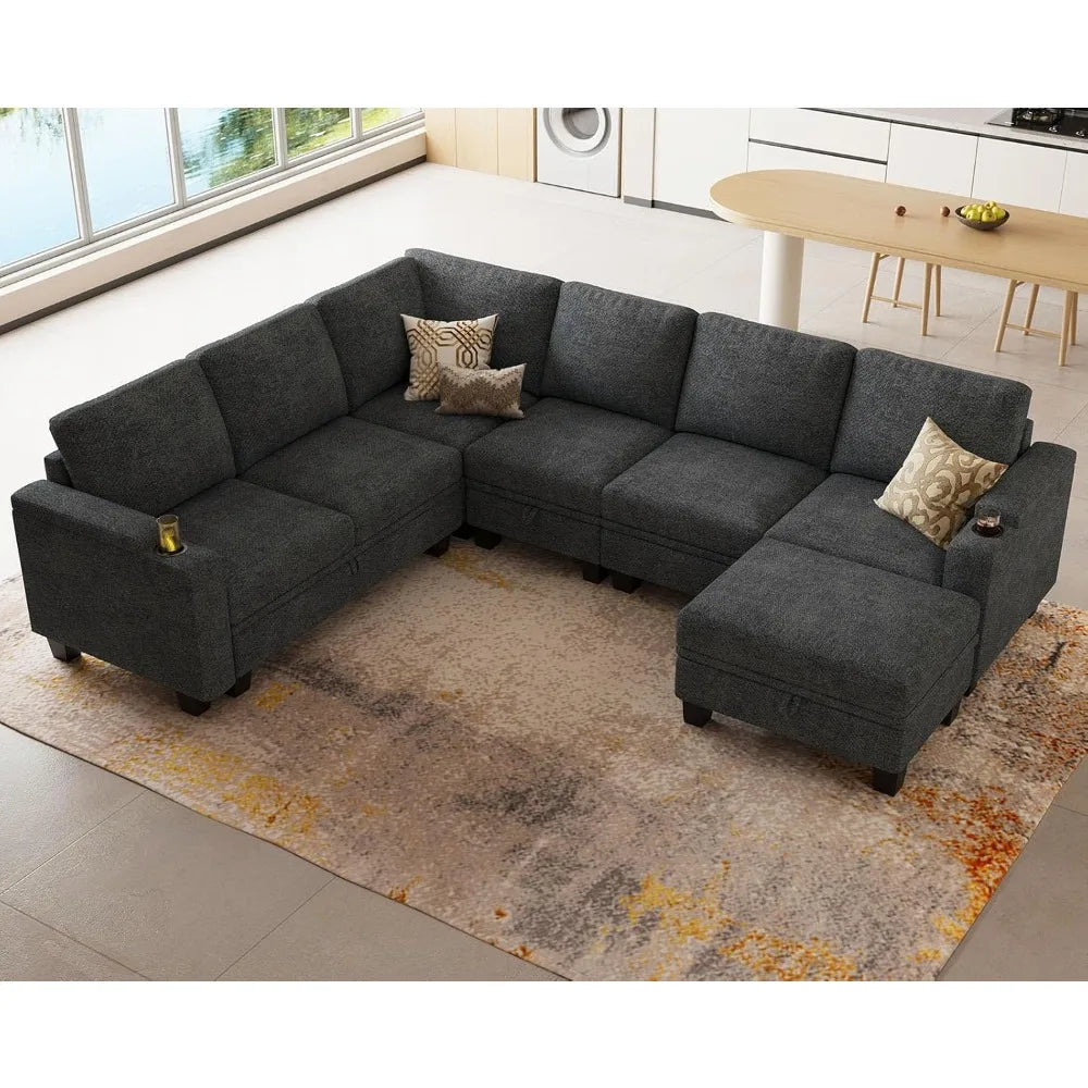 Sofa Convertible L Shaped Corner Couches for Living Room with Storage Armrest with Cup Holder Dark G