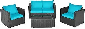 4-Piece Patio Rattan Furniture Set, Cushioned Sofa Chair, Loveseat and Coffee Table with Tempered Glass Top, Outdoor Conversati