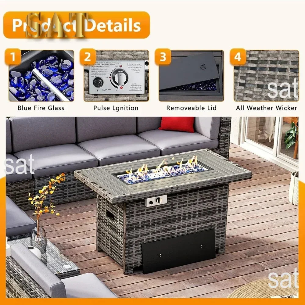 /Outdoor Patio Furniture 8 Pieces Set with 40" Fire Pit Table, Wicker Rattan Sectional Conversation Set with Coffee Table