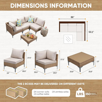 5 Piece Wicker Patio Furniture Set,Outdoor Conversation Sectional Sofa w/Coffee Table,All-Weather Outdoor Sofa, Customized