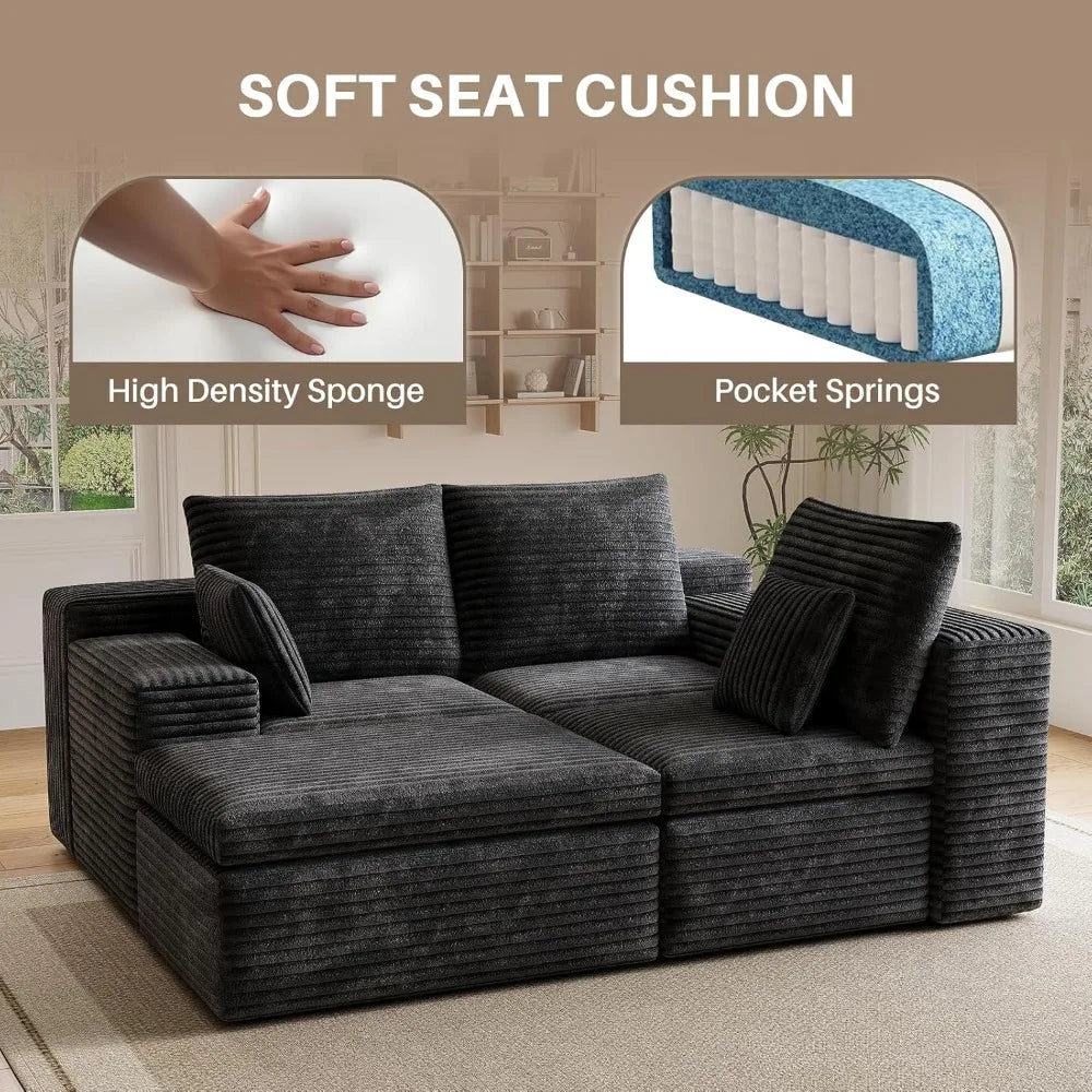 Modern 3-Seat L-Shape Sectional Sofa with Ottoman and 2 Pillows, Memory Foam Cloud Couch for Living Room