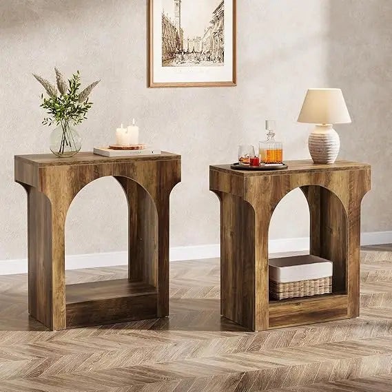 Wood End Table Set of 2, Side Table with Storage Space for Living Room, Narrow Nightstand for Bedroom, Rustic Brown