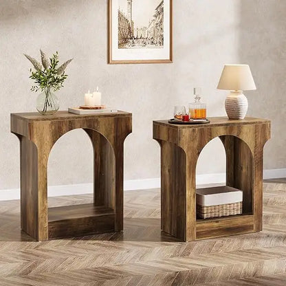 Wood End Table Set of 2, Side Table with Storage Space for Living Room, Narrow Nightstand for Bedroom, Rustic Brown