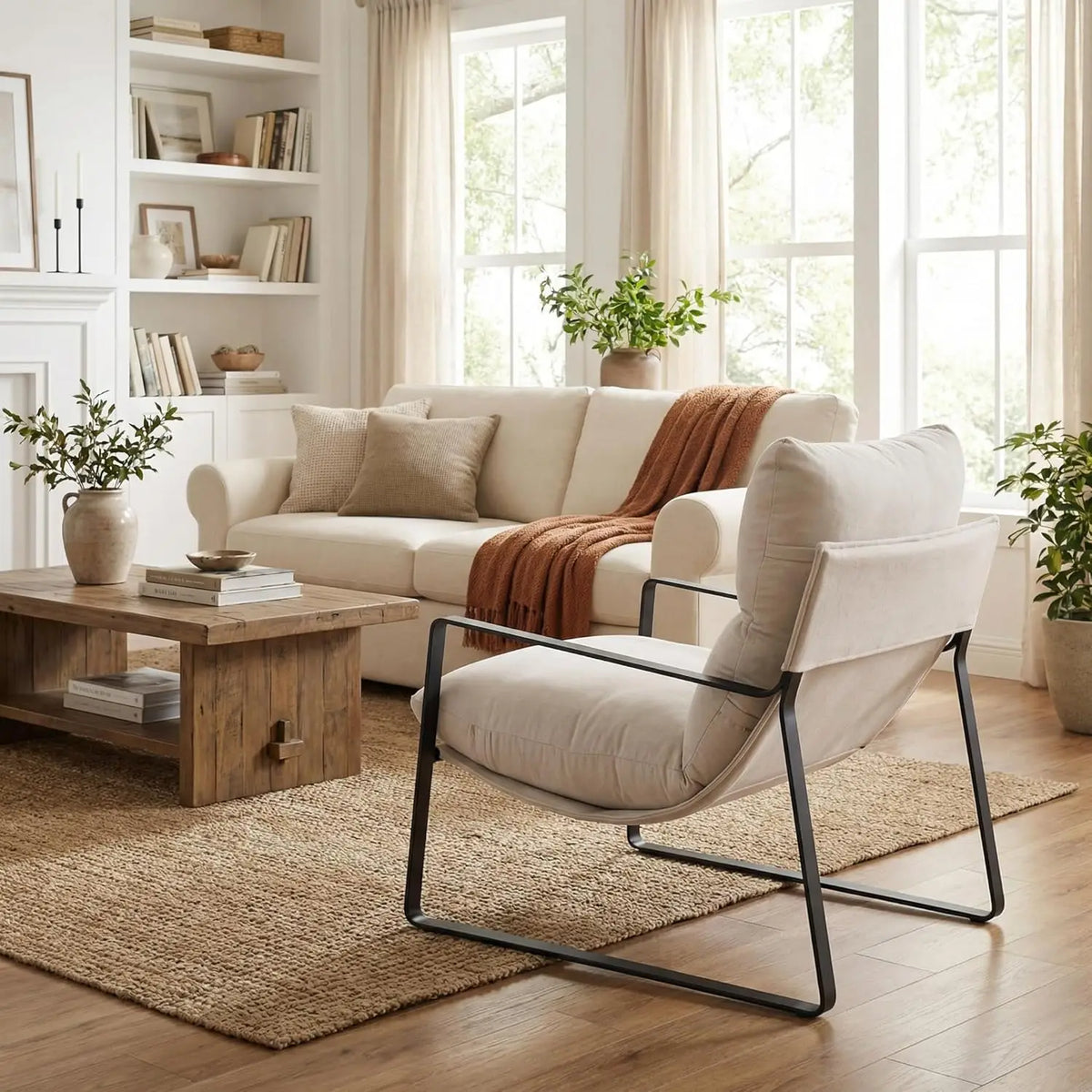 Modern Linen Accent Armchair Upholstered Soft Living Room Chair with Removable Cushion White