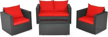 4-Piece Patio Rattan Furniture Set, Cushioned Sofa Chair, Loveseat and Coffee Table with Tempered Glass Top, Outdoor Conversati