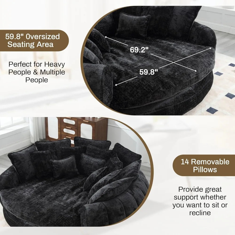 Oversized Round Chaise Lounge, Plush Lazy Bean Bag Sofa with 14 Pillows, Comfortable Chenille Upholstered Barrel Sleeper Bed