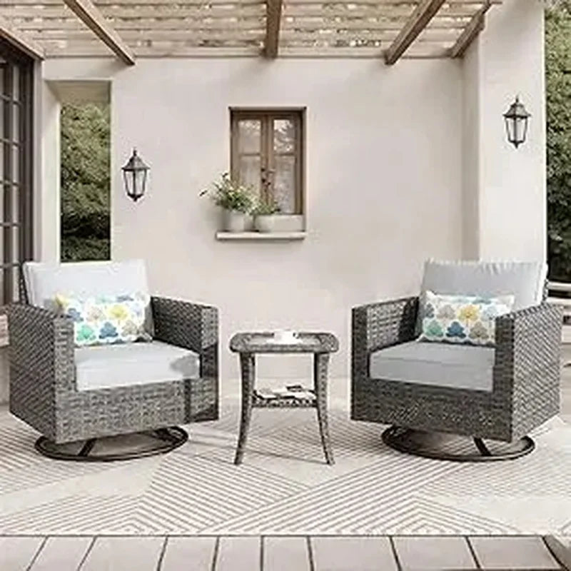 3-Piece Outdoor Swivel Chair Set with Cushions, Rattan Rocking Chairs and Side Table, Comfortable Patio Glider Furniture