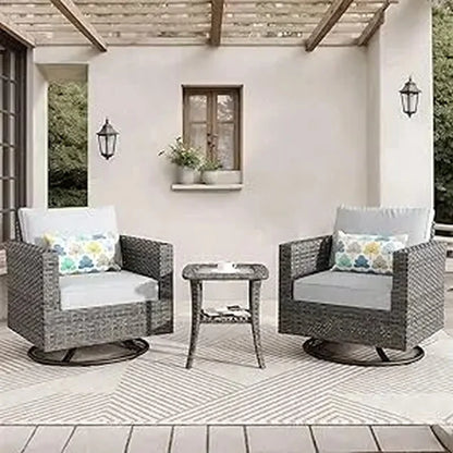 3-Piece Outdoor Swivel Chair Set with Cushions, Rattan Rocking Chairs and Side Table, Comfortable Patio Glider Furniture