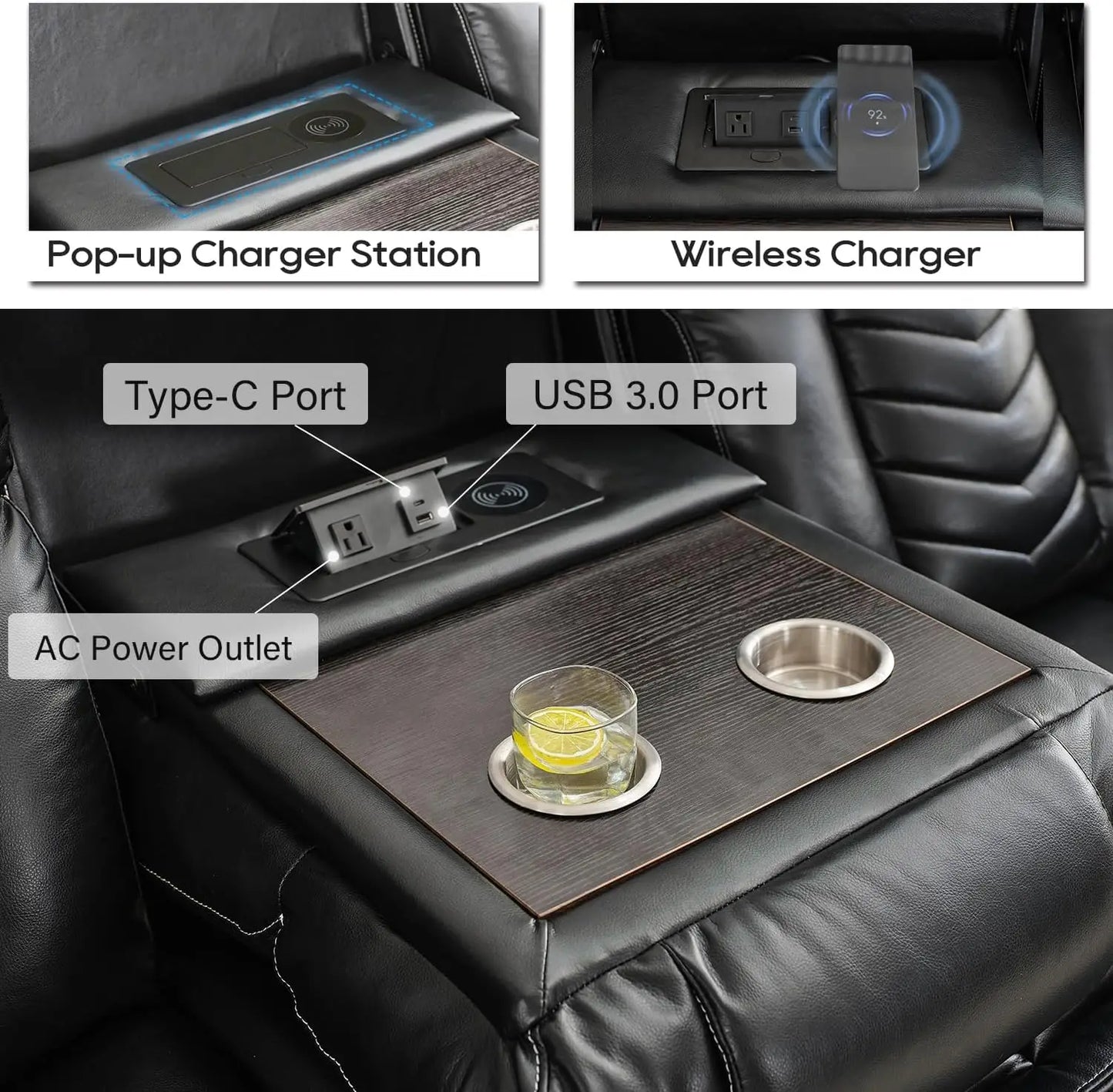 3 Seats Manual Reclining Sofa with Wireless Charger,LED Floor Lights, Drop-down Table, USB/Type-C Port (M073)