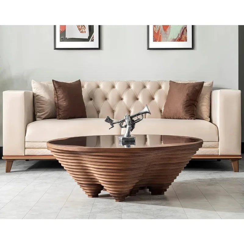 Table basse en spirale en bois – Table décorative moderne et élégante avec plateau en verre, design artisanal – Salons