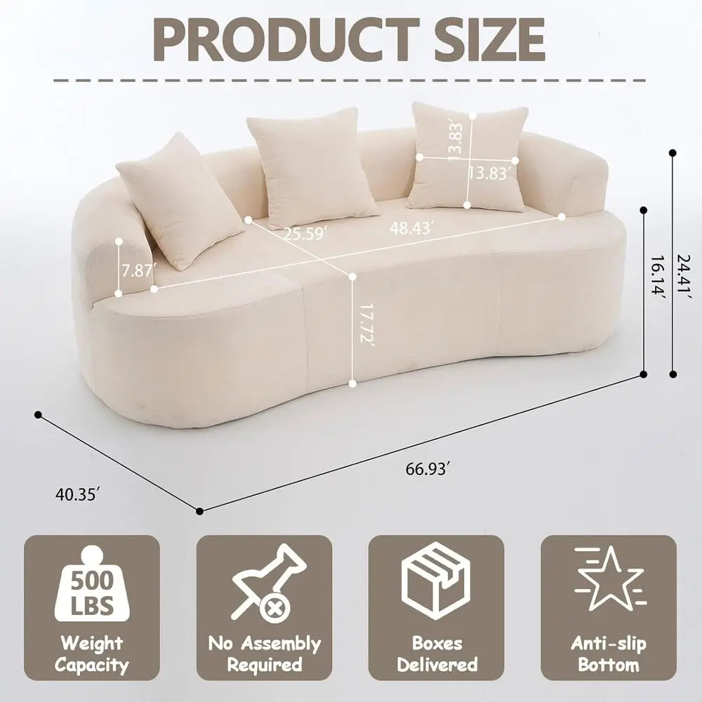 67” Beige Curved Loveseat Soa, Luxury Plush Chenille Curved Couch with 3 Throw Pillows & Extra Wide Armrests, Comy Upholstered O