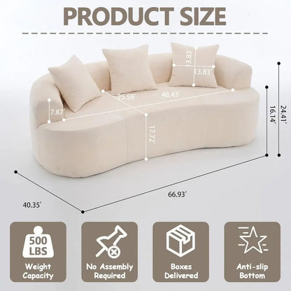 67” Beige Curved Loveseat Soa, Luxury Plush Chenille Curved Couch with 3 Throw Pillows & Extra Wide Armrests, Comy Upholstered O