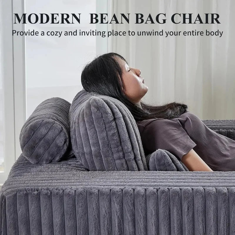 Corduroy Upholstered Square Bean Bag Chair with Footrest, Comfy Lazy Sofa Couch with Pillows, Ideal for Relaxation and Comfort
