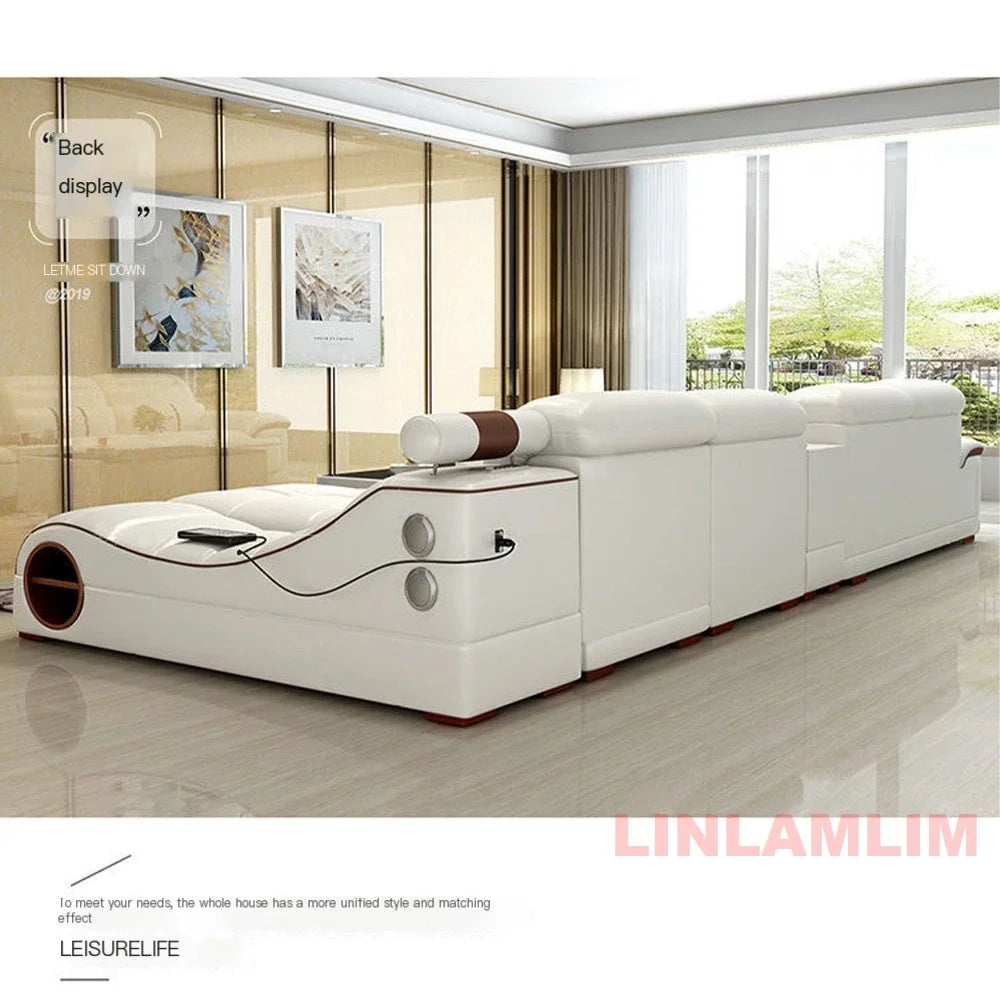 MINGDIBAO Modern Luxury Sectional Sofa Set with Chaise Lounge – Italian Genuine Leather Couch with Speakers, USB Port & Storage