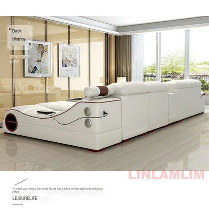 MINGDIBAO Modern Luxury Sectional Sofa Set with Chaise Lounge – Italian Genuine Leather Couch with Speakers, USB Port & Storage