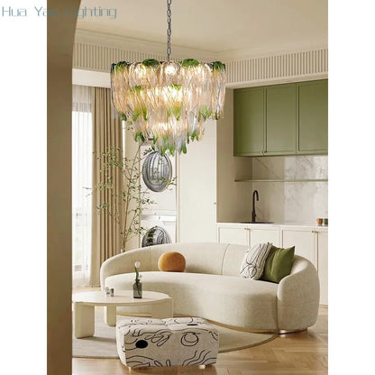 French Romantic Lustre Luxury Chandeliers Antique Designer Gradient Green glass LED Main lamps For Living Room