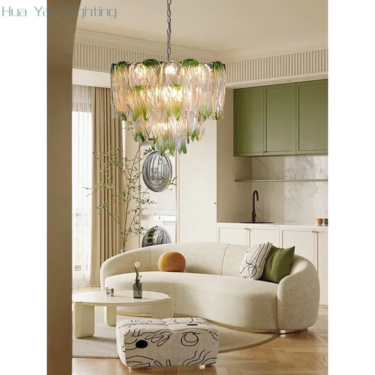 French Romantic Lustre Luxury Chandeliers Antique Designer Gradient Green glass LED Main lamps For Living Room