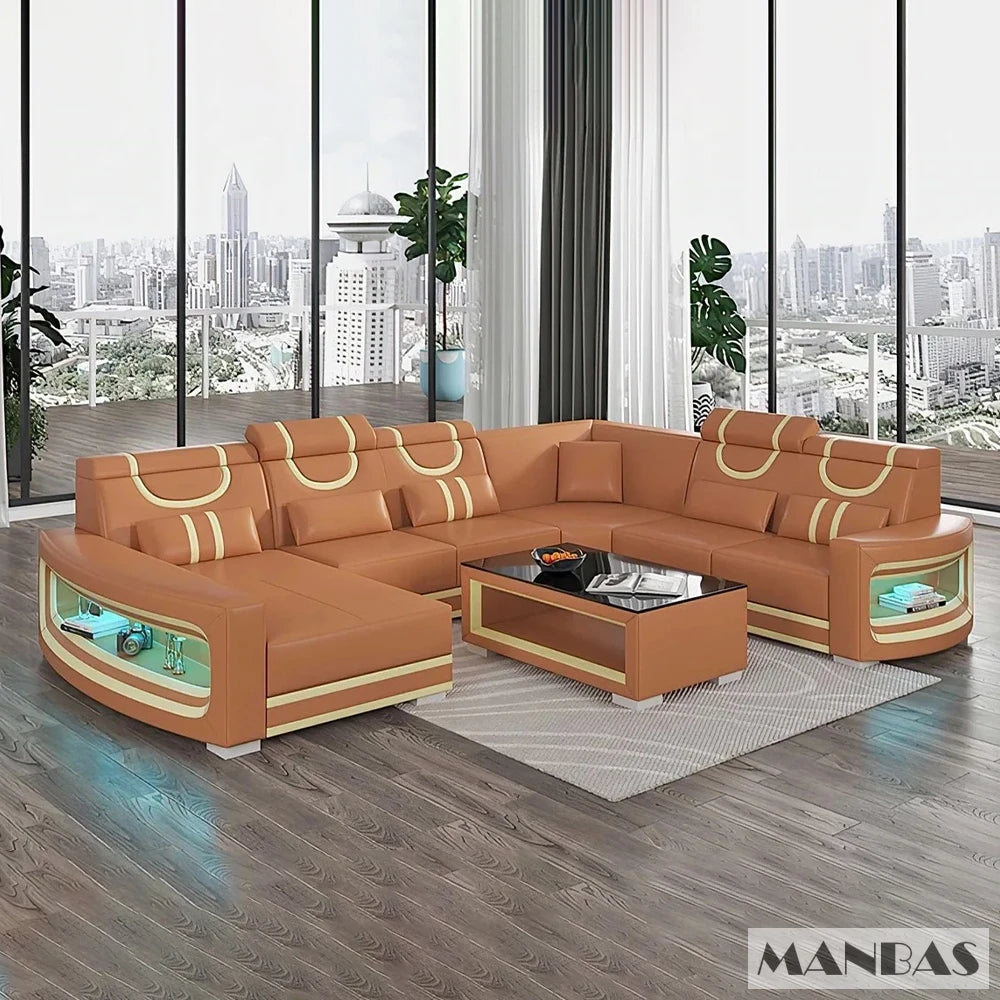 Upgrade Your Living Room with MANBAS Italian Genuine Leather Sofa - 2 Colors Combination, LED Light & Soft Cushions