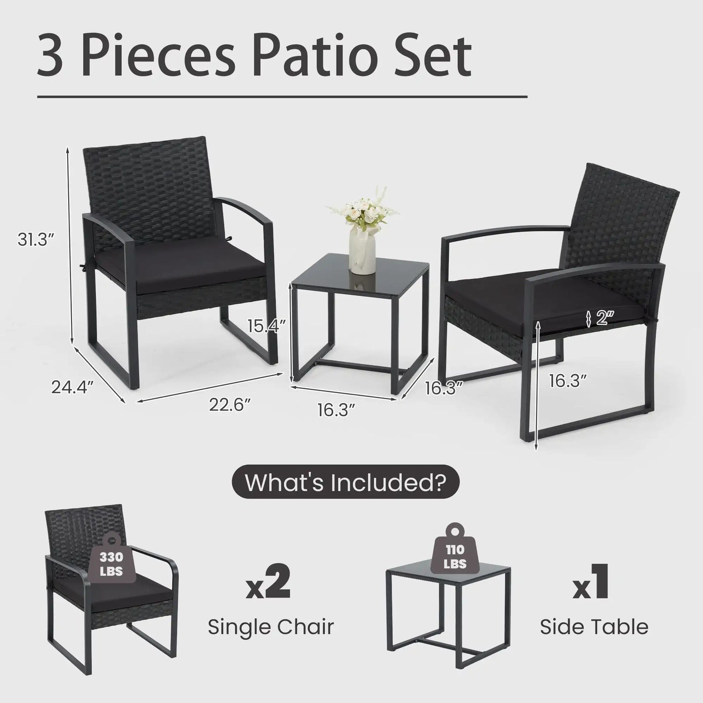 3-Piece Patio Bistro Set, Outdoor Rattan Furniture Set with Coffee Table, Ideal for Outdoor Use, Black
