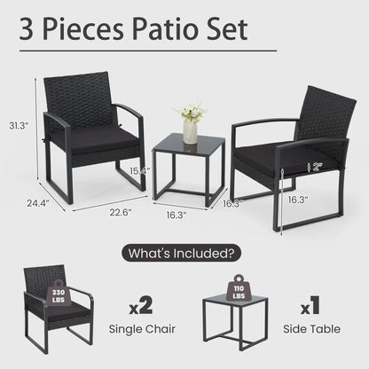 3-Piece Patio Bistro Set, Outdoor Rattan Furniture Set with Coffee Table, Ideal for Outdoor Use, Black