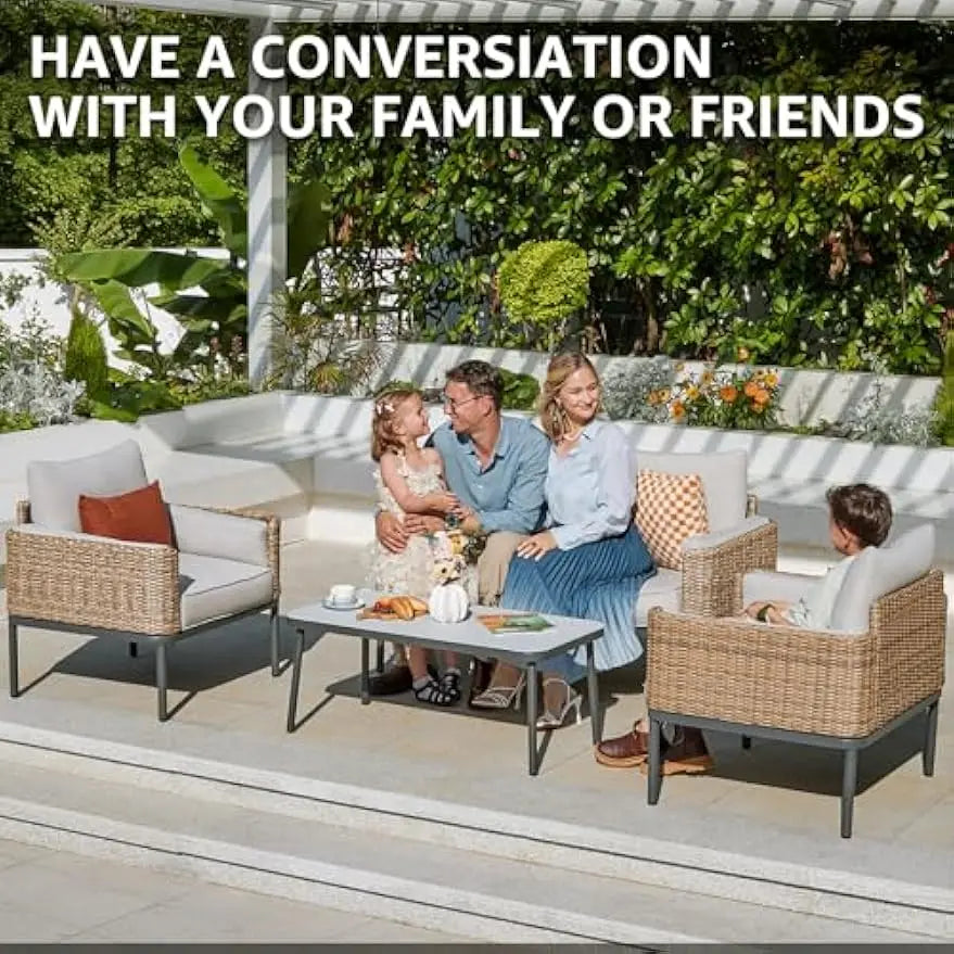 4-Piece Wicker Patio Furniture Set, All-Weather Rounded Rattan Conversation Set Sectional Sofa with 5'' Thick Cushions