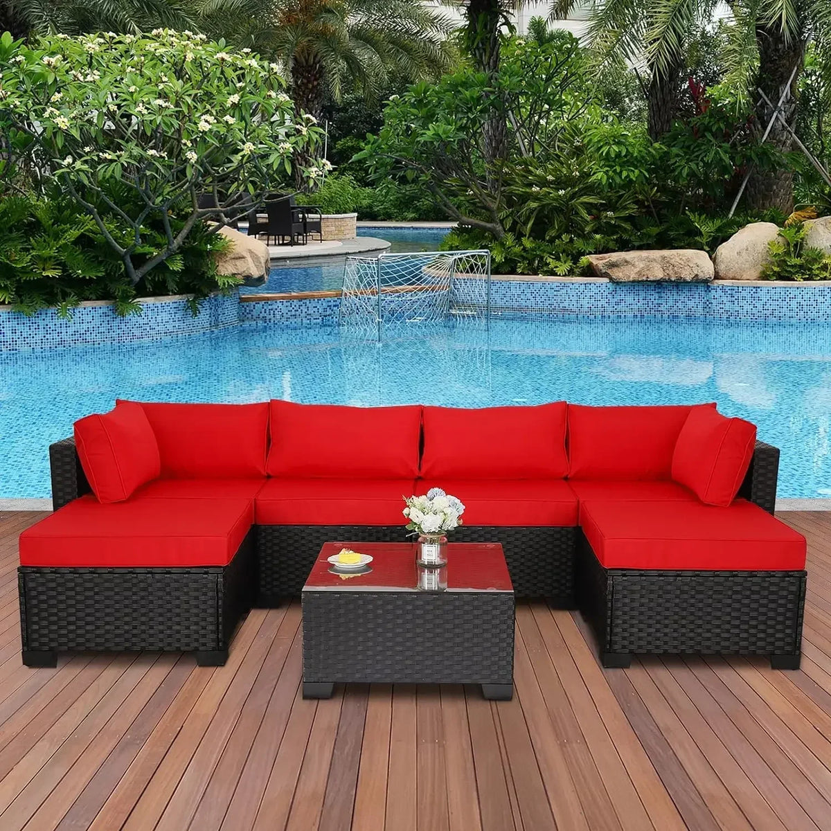 7 Pieces Outdoor PE Wicker Furniture Set Patio Rattan Sectional Conversation Sofa Set With Khaki Cushions And Glass Top Table