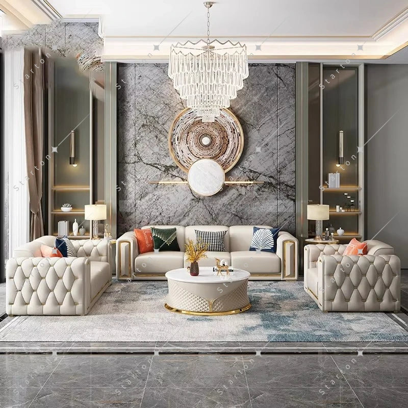 Wholesale Luxury Modern Gold Leg Genuine Leather Sectional L Shape Sofa for Living Room Reclinable Corner Sofa Set Furniture