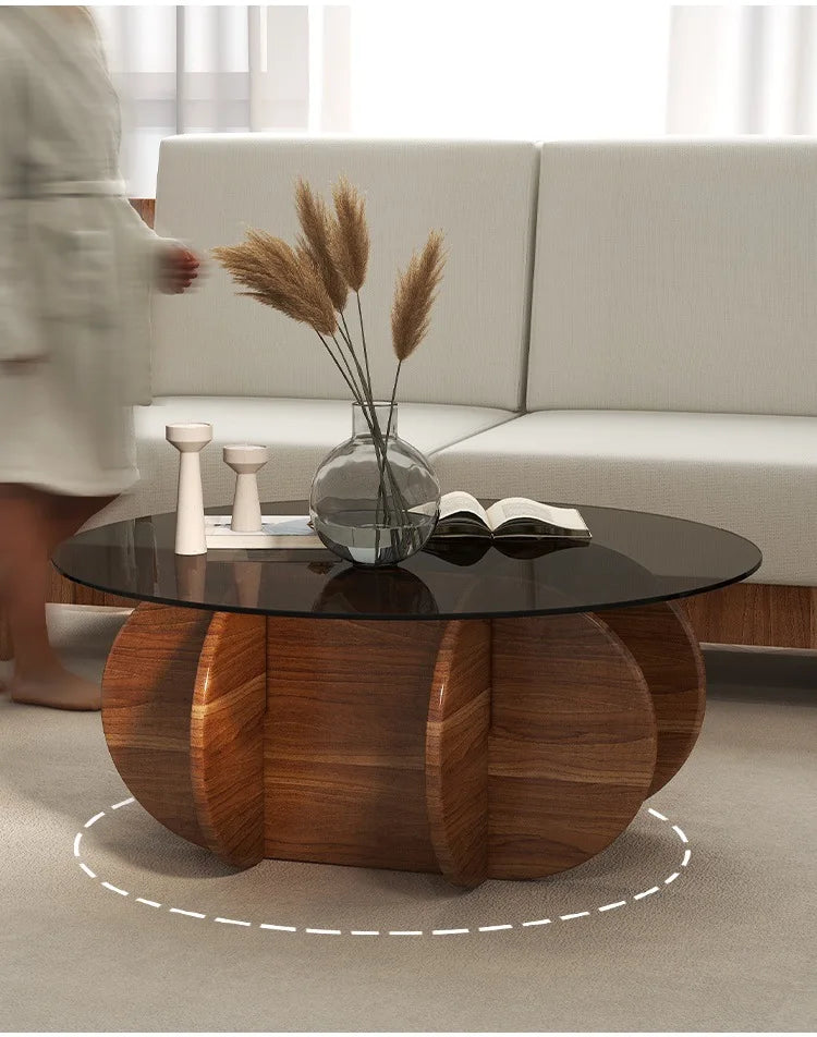Table basse en verre de luxe légère, moderne, simple, petit appartement, salon, ronde, bois massif, maison, design créatif, table d'appoint de canapé
