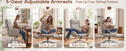 TCGBKAF Beige Big&Tall Office Chair with Flip Armrests Cross Legged Office Chair with Wheels Soft Chenille Executive Chair with Adjustable Lumbar Support Ergonomic Computer Desk Chair