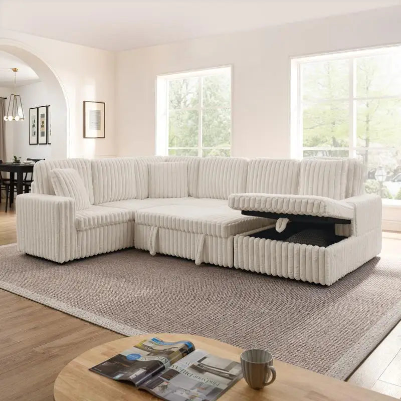Modern Minimalist U-shaped Corduroy Striped Sofa, Pull-out Bed & Storage Chaise, Soft Beige Couch - Assembly Required
