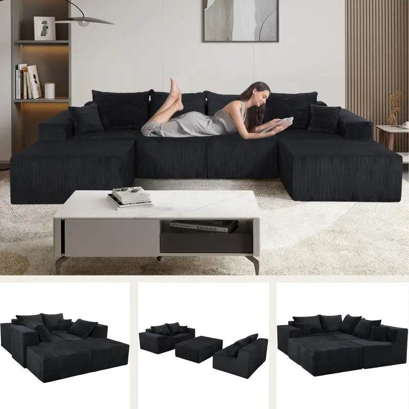 Modular U-Shaped Sectional Sofa in Black, Convertible Oversized Couch with Chaise Lounge, No Assembly Required, Soft Corduroy