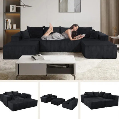 Modular U-Shaped Sectional Sofa in Black, Convertible Oversized Couch with Chaise Lounge, No Assembly Required, Soft Corduroy