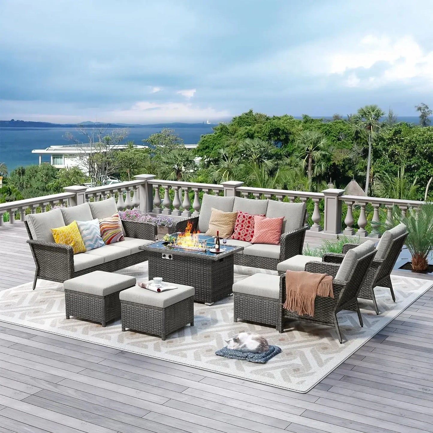 Outdoor Set with 44" Gas Fire Pit Table - PE Wicker Sets Cushioned Seat Couch - Seats Outdoor Chair Set